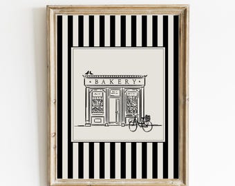 French Bakery Wall Art Printable, Paris Cafe Decor, Black and White Striped Poster, Vintage Line Art Illustration