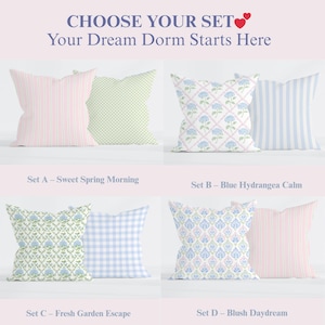 May include: A collection of decorative cushions in pastel shades. Designs include stripes, gingham, floral, and trellis patterns in pink, blue, and green. Text reads "CHOOSE YOUR SET" and "Your Dream Dorm Starts Here". Ideal for dorm decor.
