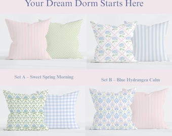 Dorm Pillow Set of 2, Preppy Pastel Throw Pillows, Blue Pink Green Bedding, College Dorm Decor, Mix and Match Cushion Covers