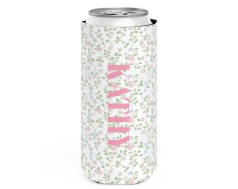Floral Personalized Slim Can Cooler, Bridesmaid Gift, Custom Name Bachelorette Party Favor, Skinny Drink Holder for Wedding Weekend