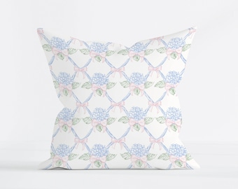 Blue Hydrangea Bow Pillow Cover, Coquette Dorm Decor, Girly College Room Cushion