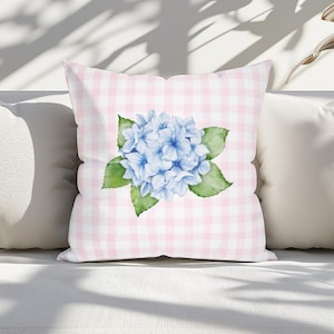 Blue Hydrangea Pillowcase Pink Gingham Floral Cushion Cover Cottagecore Spring Throw Pillow Grandmillennial Decor Pink Nursery Bedding