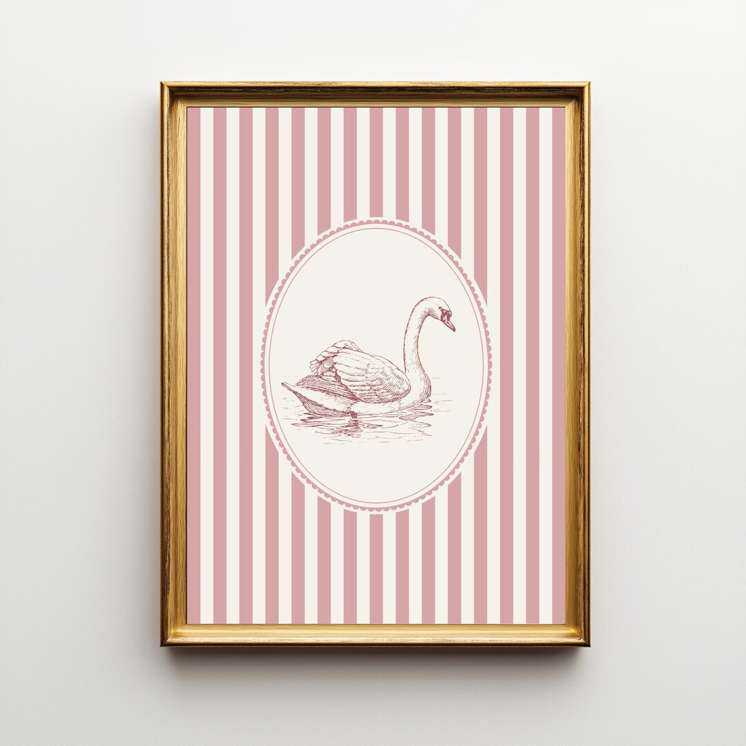 Vintage Swan Nursery Wall Art, Pink Stripe Baby Girl Room Decor, Oval ...