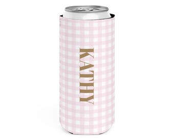 Pink Gingham Slim Can Cooler Custom Skinny Can Cooler Personalized Bachelorette Favor Bridesmaid Gift Preppy Summer Party Favor