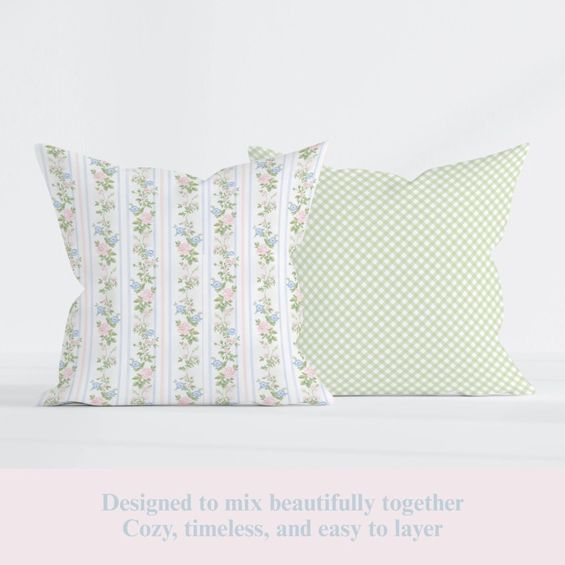 Green Gingham Pillow Cover, Farmhouse Decorative Cushion, Cottagecore Throw Pillow, Square Accent Pillow for Sofa, Nursery or Dorm Decor image 2