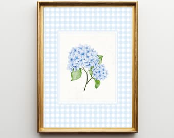 Quadro decorativo de parede com hortênsia azul, pôster floral estilo preppy, decoração de quarto xadrez azul, arte de parede floral da geração Grandmillennial, decoração para casa no estilo cottagecore.