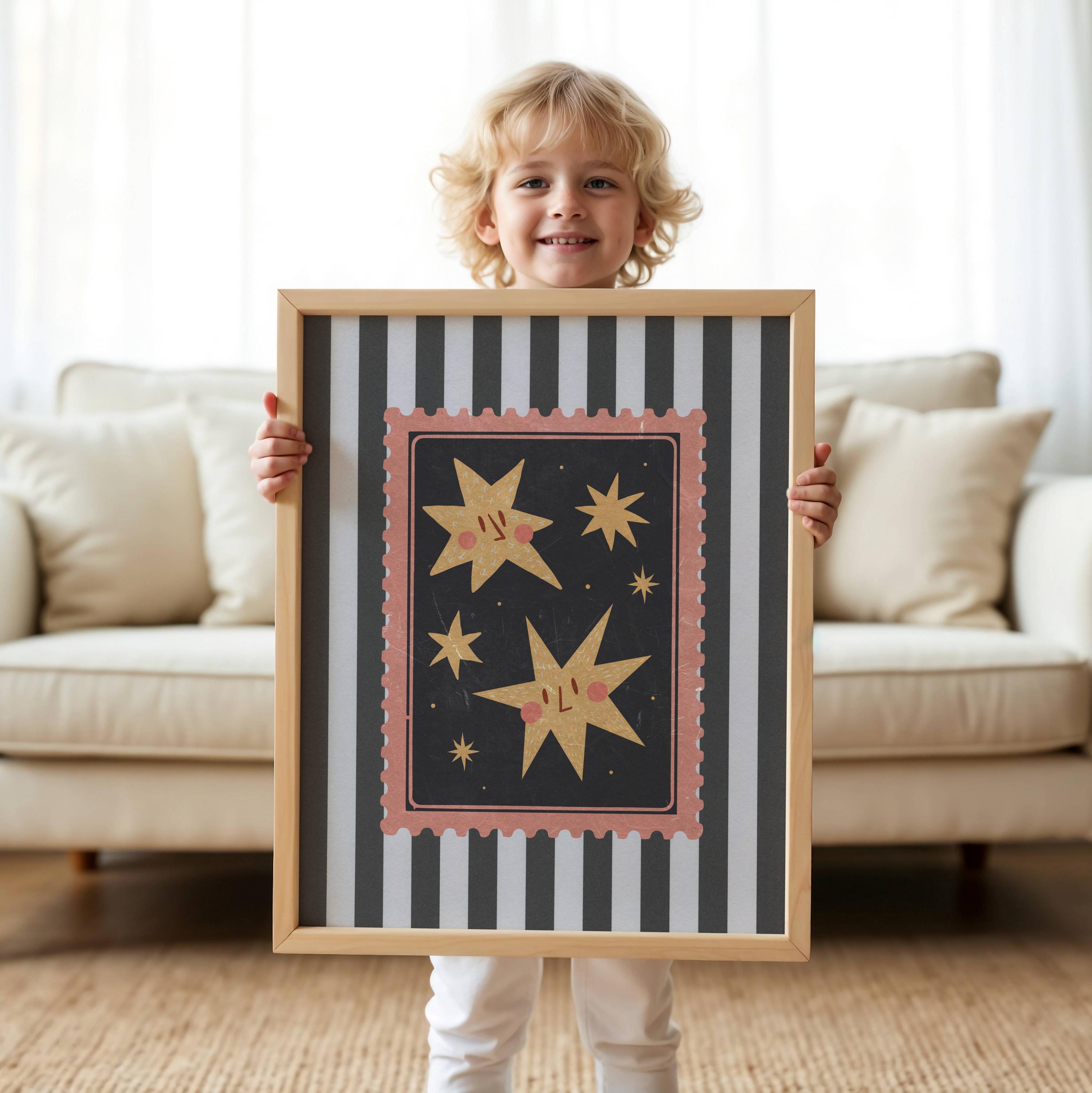 Whimsical Star Nursery Wall Art, Striped Kids Room Print, Boho ...