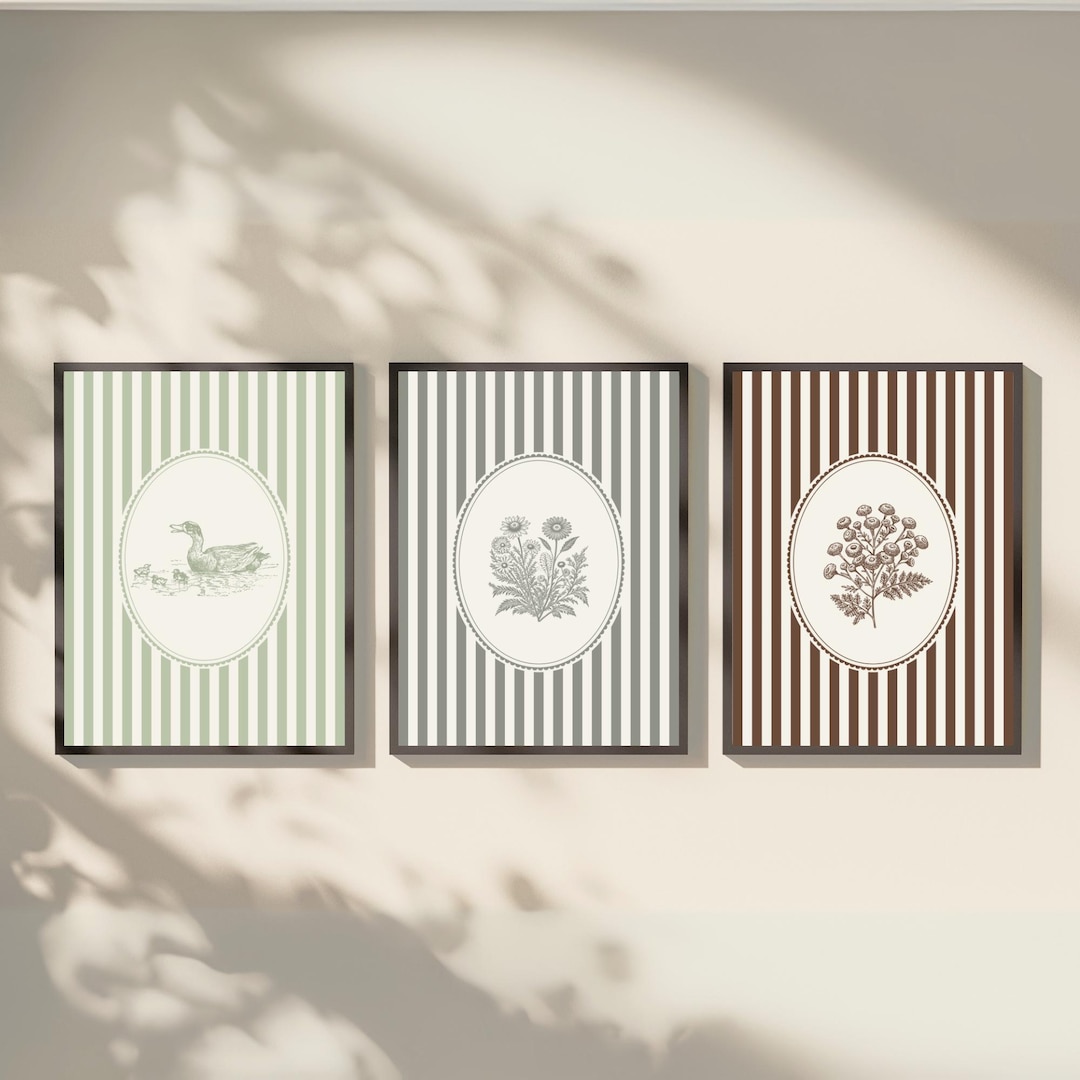 Printable Vintage Nursery Wall Art Set of 3, Neutral Stripe Nursery ...