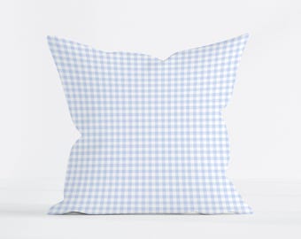 Kussensloop kinderkamer blauw met gingang, kamerdecoratie babyjongen, klassiek geruit kussen, zacht boerderijaccent