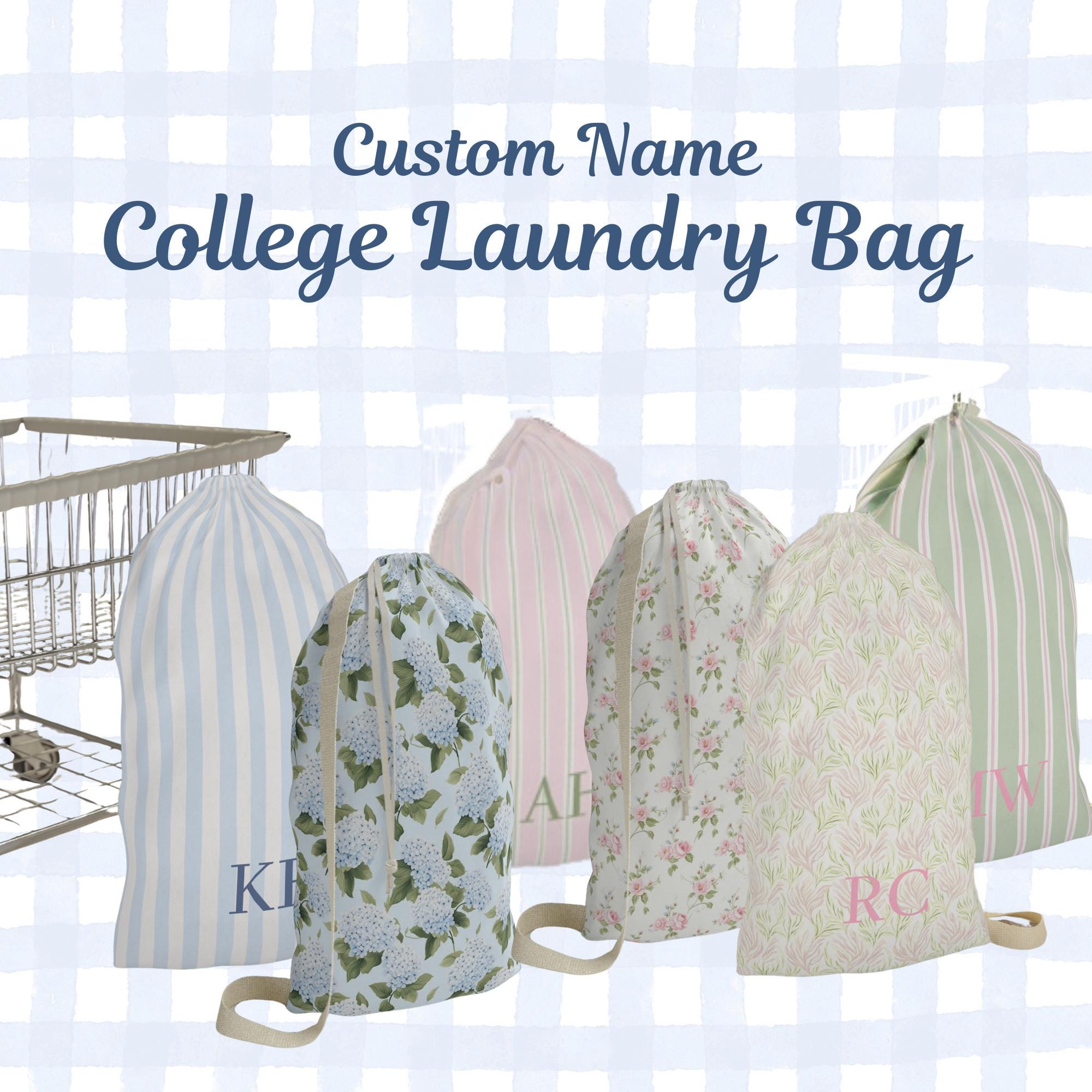 Personalized College Laundry Bag, Custom Name Dorm Laundry Bag, Preppy Dorm Essential, College Move In Gift for Girls, Freshman Dorm Decor