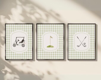 Golf Nursery Wall Art Set, Green Gingham Baby Boy Room Decor, Preppy Golf Theme Printable, Neutral Kids Wall Art Digital Download