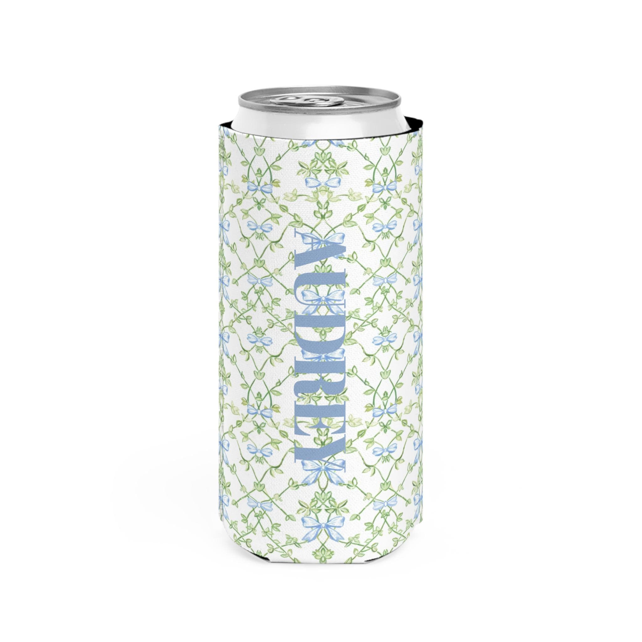 Blue and Green Floral Slim Can Cooler Custom Can Insulator for Bridesmaids, Personalized Bachelorette Favor, Preppy Blue Drinkware