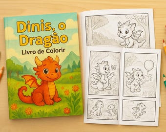 Puede incluir: Un libro para colorear titulado "Dinis, o Dragão" con una ilustración colorida de un dragón rojo en la portada. El libro incluye varias ilustraciones de dragones en blanco y negro para colorear.