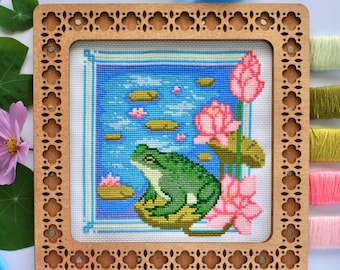 Frog and Lotus Pond Cross Stitch Pattern (PDF Download)