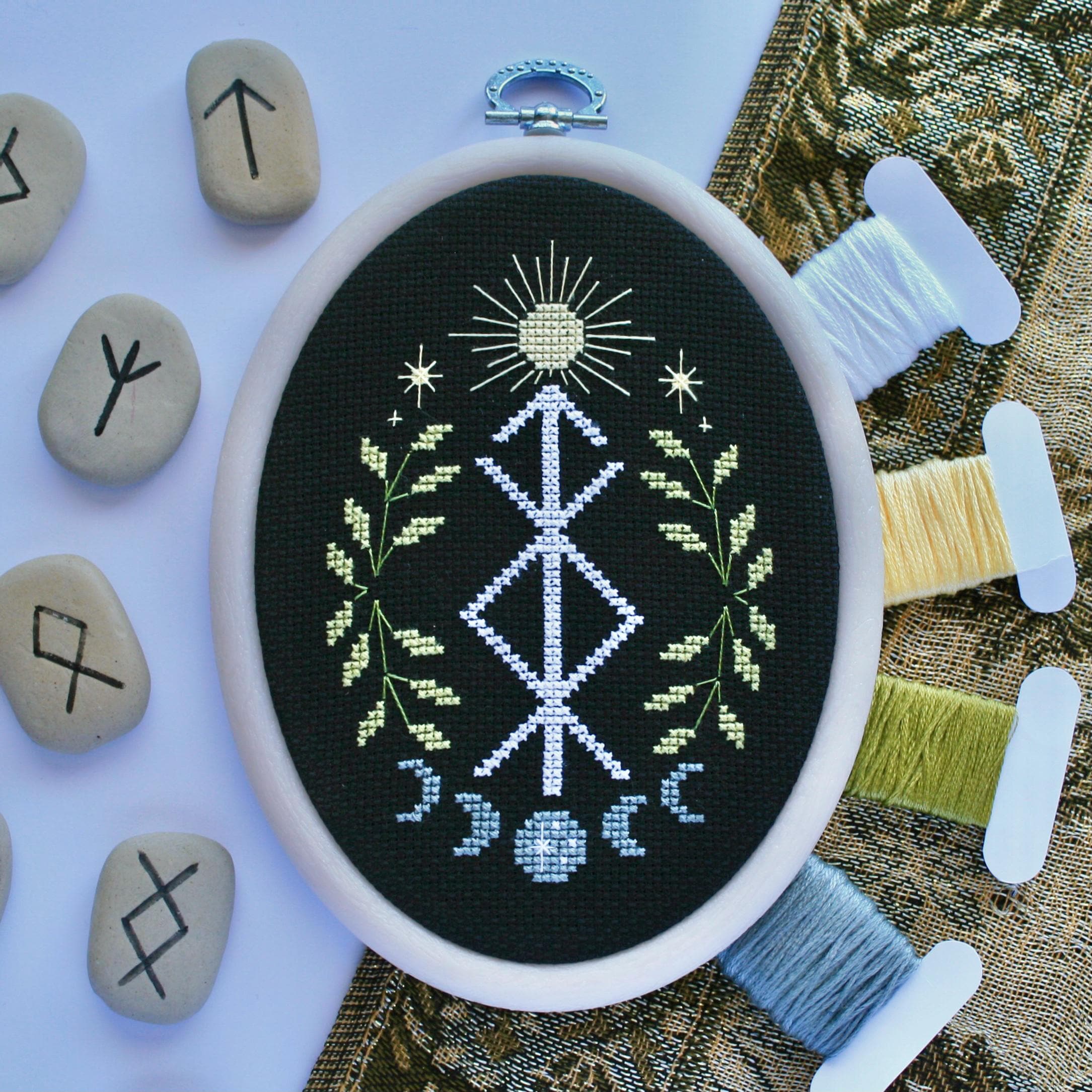Decayed Cross Rune Protection Rune With Magical Sun, Moon and Leaves, Cross Stitch Pattern ...