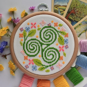 Puede incluir: Un bordado de punto de cruz en un aro de madera presenta un diseño de espiral celta verde con acentos florales en rosa, naranja y azul. Hilos de bordar y flores coloridas rodean el aro.