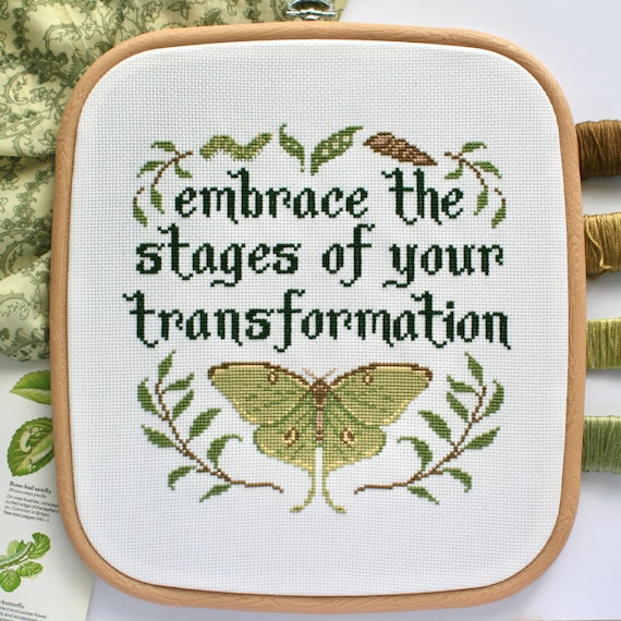 Luna Moth, Embrace your Transformation Quote, Motivational Cross Stitch Pattern (PDF Digital Download)