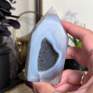Shimmering Druzy Agate Tower with Light Blue Banding, Gray Druzy and Black Inclusions | Sparkling Druzy Crystal | Brazil