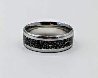 Men’s Meteorite Ring, Unique Stainless Steel Gift, 8mm Cosmic Inlay