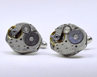 Eye-catching steampunk cufflinks with genuine 17 Jewel watch movements, ideal birthday, graduation or anniversary gift