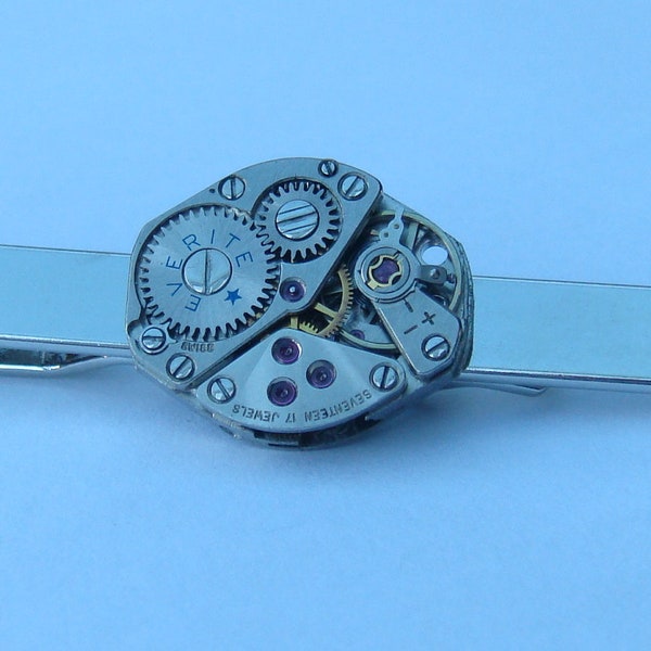 17 Jewel Vintage Swiss Made Record Watch Movement Tie Bar ideal gift for the steampunk lover