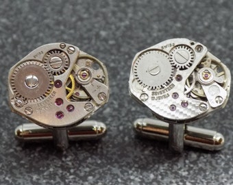 Rare Steampunk Cufflinks with textured swiss made watch movements, ideal gift for a wedding anniversary or birthday