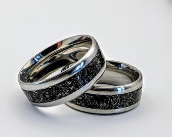 Men’s Meteorite Ring, Stainless Steel Band, 8mm Inlay ring
