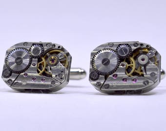 Rectangular Industrial Watch Movement Cufflinks with genuine watch movements