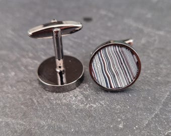 Cufflinks with fordite insert and epoxy resin coating