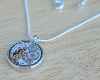 Vintage silver watch movement necklace