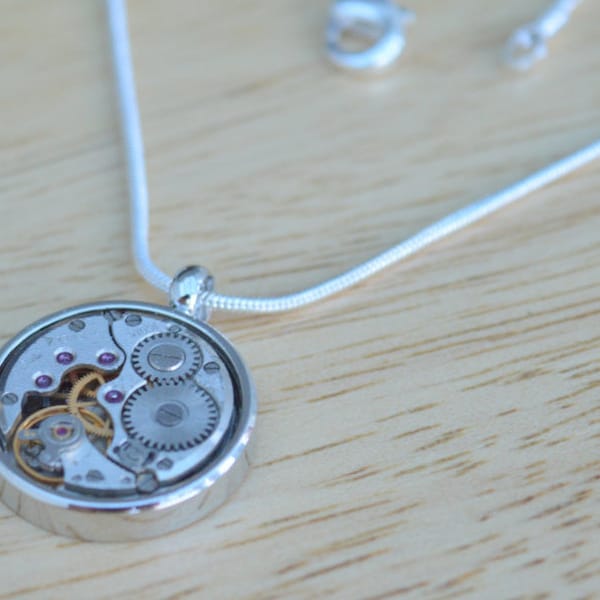 Vintage silver watch movement necklace