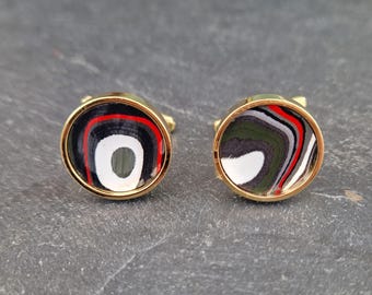 Cufflinks with fordite insert and epoxy resin coating