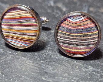 Cufflinks with fordite insert and epoxy resin coating