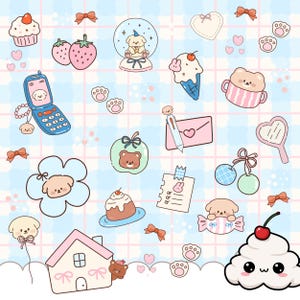 Op de afbeelding: Een verzameling schattige, cartoonachtige illustraties op een blauw-roze geruite achtergrond. De afbeeldingen bevatten een puppy in een sneeuwbol, een cupcake, ijs, een telefoon, een huis en andere schattige elementen.