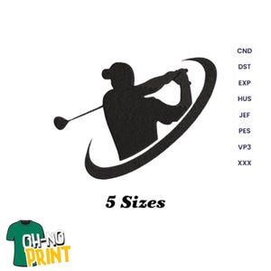 May include: Black silhouette of a golfer swinging a club, set within a curved design. The text "5 Sizes" is below the graphic. A small green t-shirt with the text "OH-NO PRINT" is in the lower left corner.