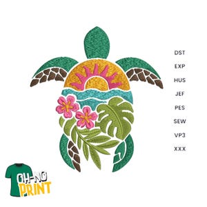 May include: Embroidered sea turtle design with a sunset, waves, and tropical flowers. The turtle is green, brown, and yellow, with pink flowers and green leaves. The text "OH-NO PRINT" is on a green t-shirt in the lower left corner.