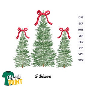May include: Three embroidered Christmas trees with red bows on top. The trees are green with brown trunks. The image also includes the text "5 Sizes" and a logo for "OH-NO PRINT".