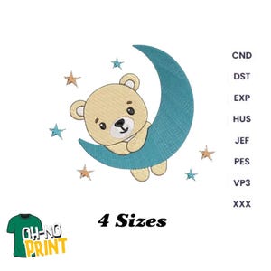 Broderidesign med babybjörn på månen, maskinbroderidesign, 4 storlekar / direkt nedladdning