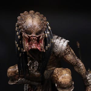 Può includere: Statuetta dettagliata di un alieno Predator, con una tonalità della pelle strutturata, marrone e beige. La figura ha i dreadlocks, un'espressione facciale minacciosa con i denti scoperti e un'armatura metallica. Un'appendice rossa e carnosa pende dalla figura.