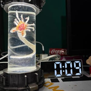 Może przedstawiać: Cylindryczny, przezroczysty pojemnik ze szczegółowym modelem obcego facehuggera zanurzonego w cieczy. Pojemnik jest zamknięty w ciemnej, przemysłowej ramie. Zegar cyfrowy wyświetla godzinę 0:09.