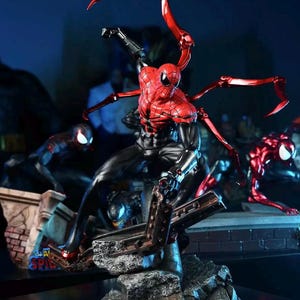 May include: A detailed action figure of Spider-Man in a dynamic pose, featuring a red and black suit with metallic red appendages. The figure is set against a dark background with other figures.