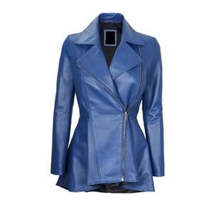 Women’s Blue Peplum Leather Jacket Women Fashion Casual Coat of Female Outerwear, trench coat, leather casual wear, Blue Peplum.