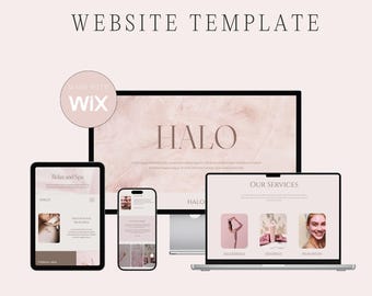 May include: A website template design displayed on a desktop computer, tablet, and smartphone. The design features a soft pink and white color scheme with the word "HALO" prominently displayed. The text "WEBSITE TEMPLATE" is at the top.