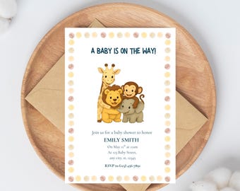 Invito per baby shower a tema safari nella giungla / Modello modificabile con animali (download digitale)