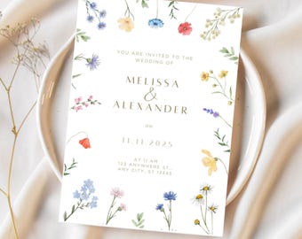 May include: A white wedding invitation with a floral border. The invitation reads "You are invited to the wedding of Melissa & Alexander on 11.11.2025 at 11 AM, 125 Anywhere St., Any City, ST 12345."