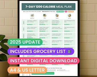 1200 Calorie Meal Plan PDF, 7-Day Meal Prep, Low Calorie Recipe, Daily Menu with Macros, Printable Grocery List, Healthy Meal Plan for Women