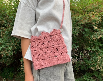 Crossbody Bag Crochet Pattern PDF – Raffia Small Boho Purse Tutorial – DIY Floral Handbag with Video Instructions – Instant Download
