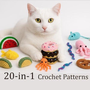 Può includere: Un gatto bianco è seduto su una superficie bianca circondato da 20 giocattoli all'uncinetto. I giocattoli includono una anguria, un pesce, una ciambella, un polpo, un topo, un pretzel e un taco. Il testo "20-in-1 Crochet Patterns" è in basso nell'immagine.