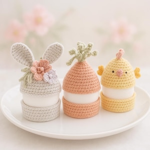 May include: Three crocheted Easter egg covers. One is a bunny with pink and white flowers, one is a carrot with green leaves, and one is a yellow chick.