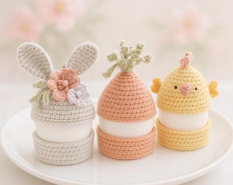 Crochet Easter Egg Cozy Pattern, Amigurumi Chicken, Bunny, Carrot (PDF Pattern)